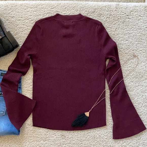 Wine Color Flare Sleeve Ribbed Knit Top - Picture 8 of 8